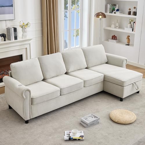 106'' Flannelette Fabric L Shaped 4 Seater Modular Sleeper Couch, 2-in-1 Pull Out Sofa Bed with USB Charging Ports, Memory Foam Mattress, and Storage Chaise for Living Room (Beige, 106'' L Shaped)