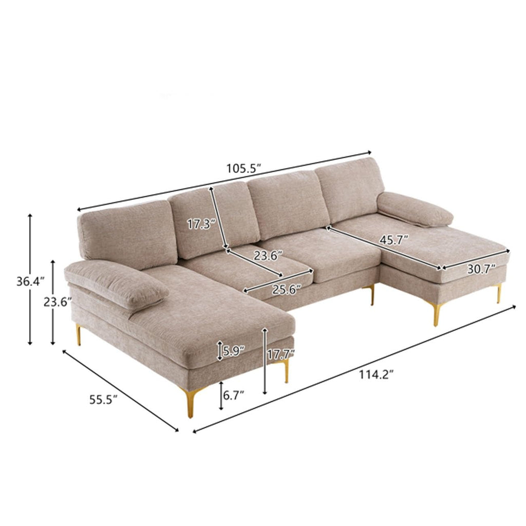 U-Shaped 4-Seat Reversible Sectional Sofa with Oversized Chaise, High-End Chenille Fabric & Gold-Plated Legs, 280x130x85cm Small Space Couch (Camel)