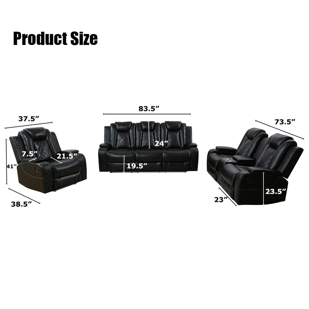 Power Recliner Sofa Set with LED Light, Black Leather Sectional Sofa and Chair Set, Living Room Furniture Sets, Modern Power Reclining Sets with Storage Console for House