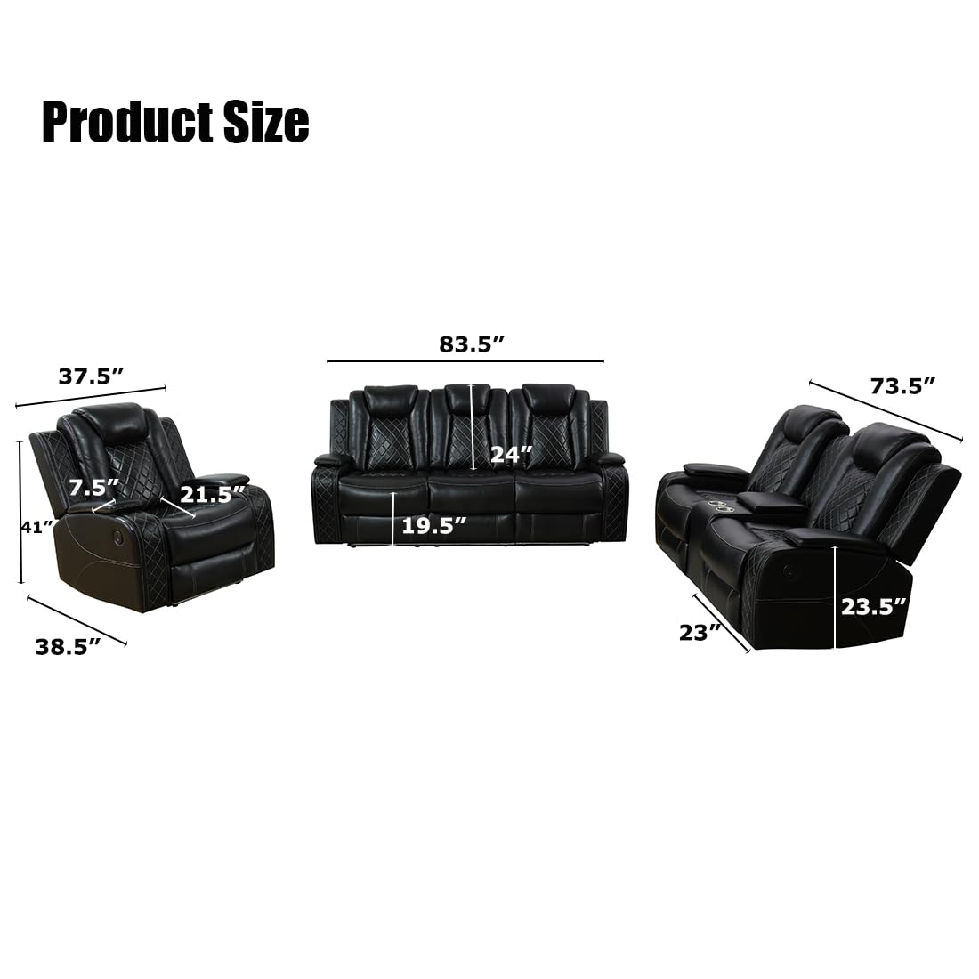 Power Recliner Sofa Set with LED Light, Black Leather Sectional Sofa and Chair Set, Living Room Furniture Sets, Modern Power Reclining Sets with Storage Console for House