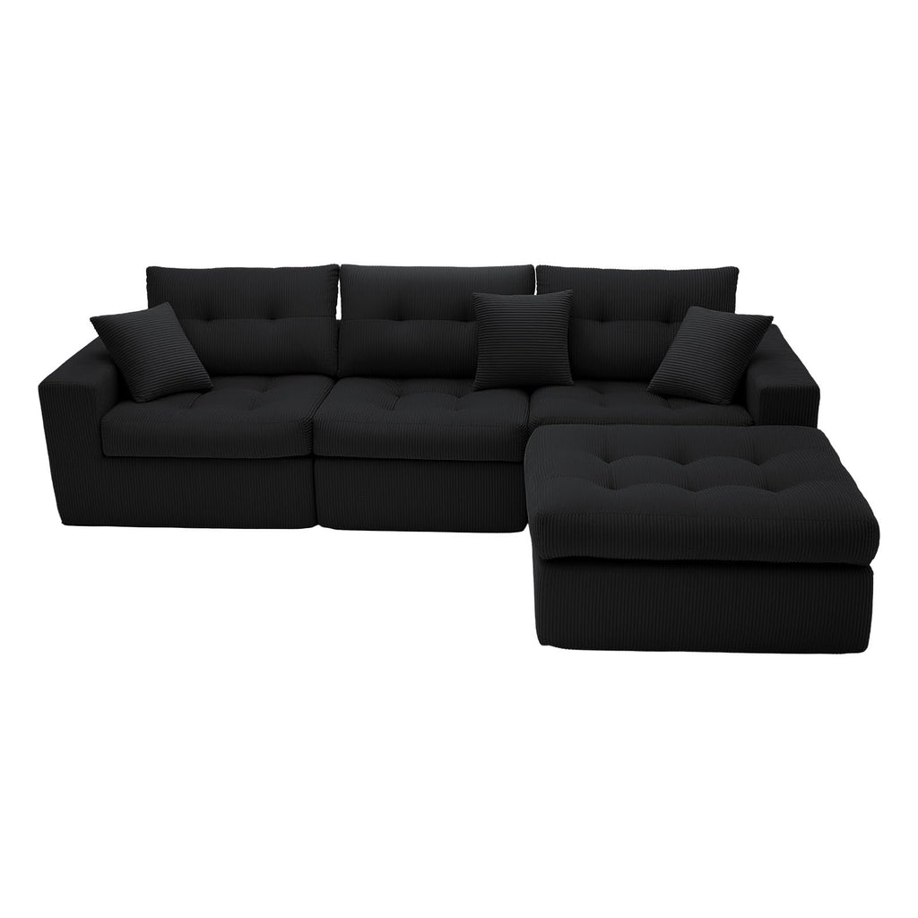 113" Oversized L-Shaped Modular Cloud Sofa Corduroy Upholstered Tufted Boneless Sectional with Deep Seat & Headrests, 4 PCS Compressed Boneless Couches with Movable Ottoman