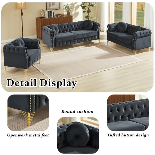 Velvet Chesterfield Modular Sectional Sofa, 6-Seat Tufted Couch with Copper Studs & Metal Legs, Black Furniture for Lobby, Living Room, or Reception Area (1+2+3 Seating)