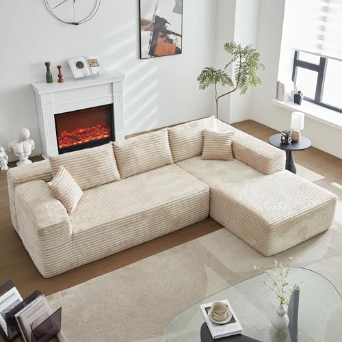 104" L-Shape Modular Sectional Sofa Couch,Comfy Upholstered Cloud Couch for Living Room,Modern Minimalist Couches,Deep Seat,No Assembly Required (Black,Plush Corduroy, Right Facing Chaise w/Ottoman)