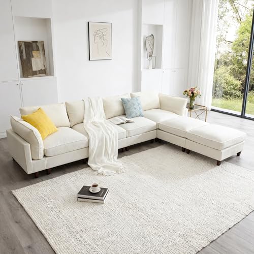 126.3" Oversized L Shaped Sectional Couches for Living Room, 4-Seat Modular Sectional Sofa Set Leather Cloud Couch, Modern Beige Extra Large Deep Seat Couch with Removable Ottoman