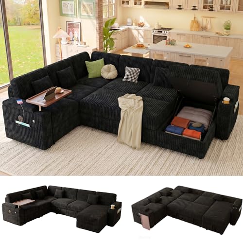100" Modular Sectional Sleeper Sofa with Pull Out Bed, 7 Seat Corduroy U Shaped Couch with Storage Chaise|6-Position Backrest|Side Table|USB Port, Dark Grey Sectional Couches for Living Room