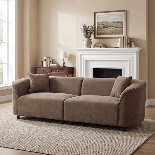 110" Sectional Sofa Round Curved Couch, Modern 4 Seat Sofa with Wood Grain Chenille Fabric, Comfy Deep Seat Sponge Couch with 4 Pillows for Living Room, White