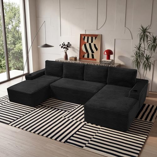 133" Oversized U-Shaped Cloud Modular Sectional Sofa Couches with Double Chaise, Corduroy Boneless Couch with Cupholders, High-Density Foam Floor Sofa for Living Room, No Assembly Required