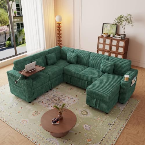 100" Modular Sectional Sleeper Sofa with Pull Out Bed/Side Table/USB Charging/Storage Chaise, Comfy Convertible Cloud Couch, U Shaped 7 Seat Corduroy Sofa with Cup Holders,Green