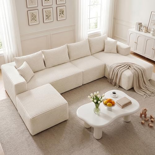 118'' U-Shaped Cloud Modular Sectional Sofa, Modern Corduroy Comfy 4-Seater Couch with 2 Ottomans, Upholstered Boneless Deep Seat Plush Sofa, No Assembly Needed, for Large Living Room, Grey
