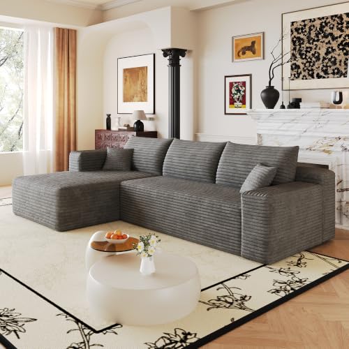 107" U-Shaped Cloud Sectional Couch with Ottoman for Living Room, Boneless Sofa, Compressed Sofa, No Assembly Required, Black Corduroy, Right Chaise