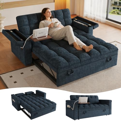 100" Convertible Sectional Sofa Bed, Pull Out Couch Bed with Storage Chaise, Table Board, USB Ports & Cup Holder, 7-Seater Modular Corduroy Sofa Bed, Reclining Sectional Couch for Living Room, Black