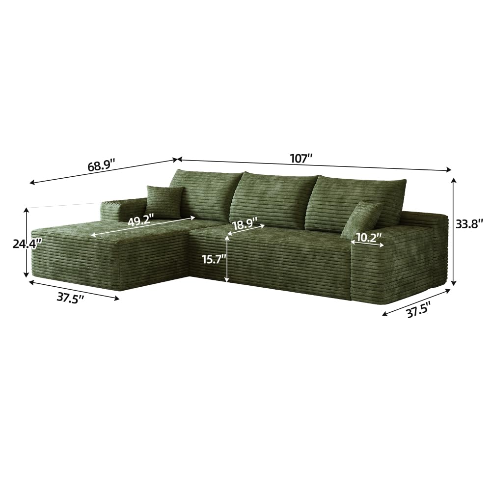 107" Cloud Sectional Sofa with 1 Ottoman,Modern Minimalist Upholstered Couches,Comfort U Shaped Sofa for Living Room,Deep Seat Corner Couch (Green)
