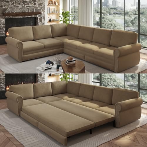 118" Sleeper Sofa Bed, Sectional Couches for Living Room/Apartment, Chenille L Shaped Couch with Pull Out Couch Bed, Convertible Sectional Sofa with Rolled Arm & Nailhead Trim, Green