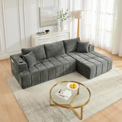 108" Oversized Cloud Boneless Sofa Couch with Chaise, Modern Tufted Chenille L Shaped Modular Sectional Sofa with Deep Seat, Comfy Corner Couch with Cupholders and Storage, No Assembly Required