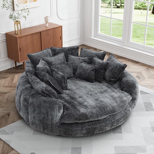 Wrofly 81.1" W Oversized Round Chaise Lounge, Fluffy Lazy Bean Bag Sofa with 14 Pillows, Comfy Chenille Upholstered Barrel Sleeper Bed, Modern Deep Seat Cloud Couch for Living Room, Emerald