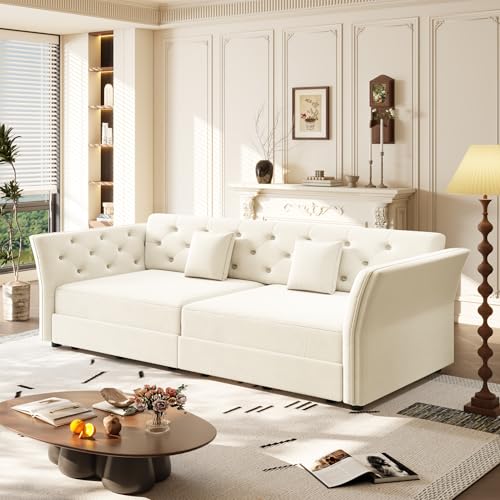 Velvet Pull Out Sofa Bed, Convertible Sleeper Sofa with Deep Seat, Handmade Tufted Back and 2 Pillows, Compact Couch Bed for Small Living Room, Apartment (Light Grey, 100")