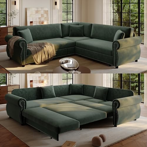 118" Sleeper Sofa Bed, Sectional Couches for Living Room/Apartment, Chenille L Shaped Couch with Pull Out Couch Bed, Convertible Sectional Sofa with Rolled Arm & Nailhead Trim, Green