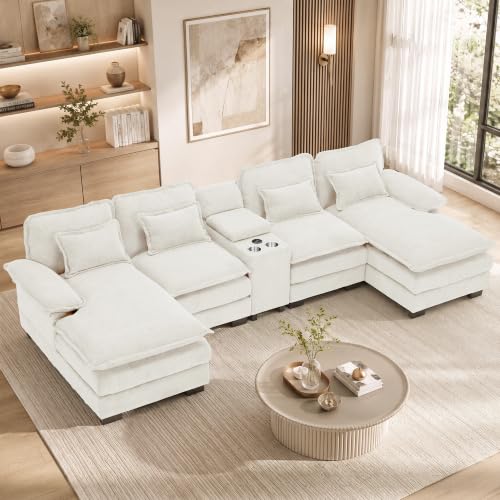 133" U Shaped Sectional Sofa with Double Chaise and Console, Grey