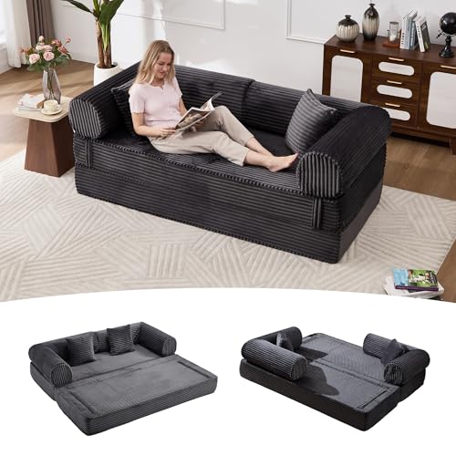 Tbfit Modular L Shaped Sectional Boneless Couch, Convertible Futon Sofa Bed, Corduroy Cloud Mattress Sleeper Sofa, Comfy Folding Upholstered Floor Couches for Living Room, Bedroom, Beige