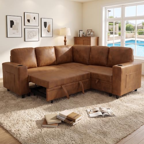 118" Oversized Sleeper Sofa with Pull Out Bed, Chenille L Shaped Convertible Sectional Sleeper Couch with Nailhead Trim & Rolled Arm, 6-Seater Couches for Living Room, Blue