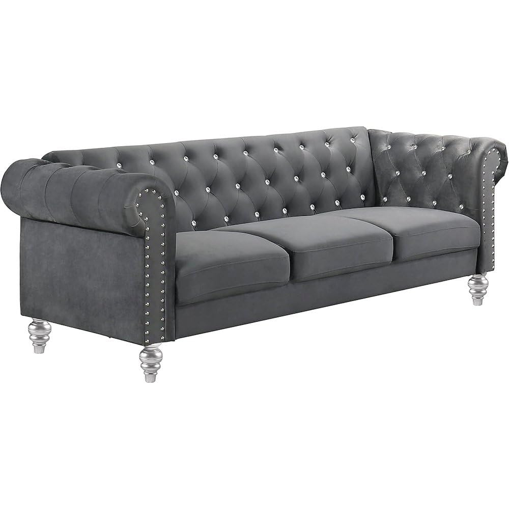 Velvet Fabric Sofa with Rolled Arms in Gray, Elegant Living Room Seating