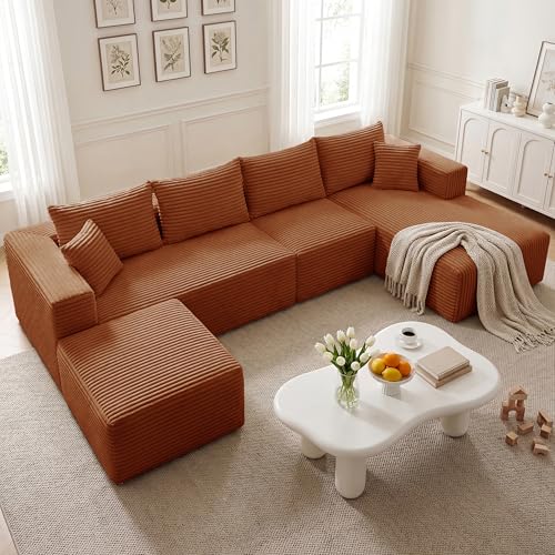 118'' U-Shaped Cloud Modular Sectional Sofa, Modern Corduroy Comfy 4-Seater Couch with 2 Ottomans, Upholstered Boneless Deep Seat Plush Sofa, No Assembly Needed, for Large Living Room, Grey