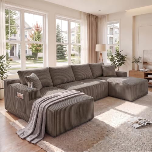 132 Inch Oversized Modular Sectional Sofa for Living Room, U-Shaped Cloud Boneless Couches with Cup Holder & Side Pockets, Comfy Corduroy Deep Seat Sofa, No Assembly Required, Gray