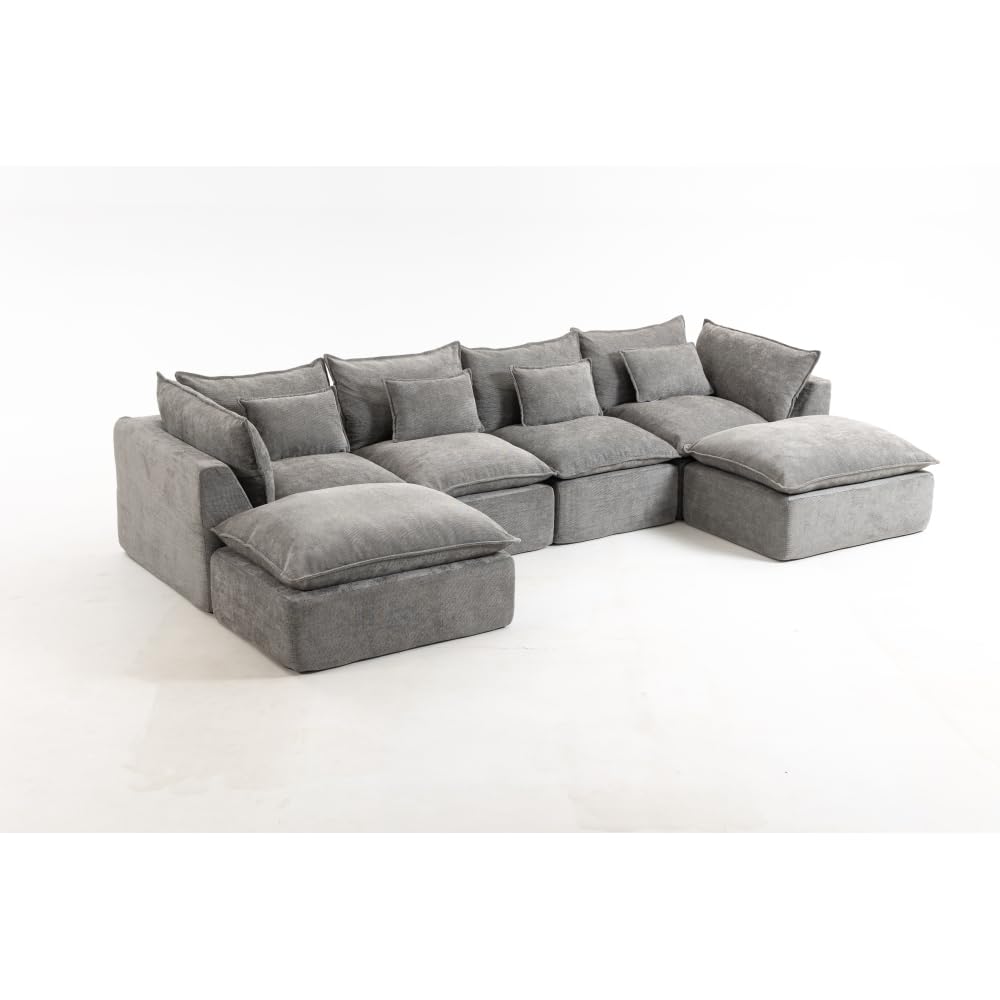 129.8" Width Cloud Couch Oversized Modular Sectional Sofa True Relax Comfy Couches Wide Deep Seat Sofas for Living Room Furniture Sets, Waffle Fabric,4Seat with 2Ottoman