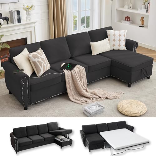106.5'' Sectional Sleeper Sofa Bed, Flannel Pull Out Couch Mattress, Green