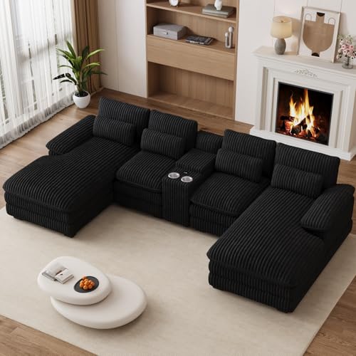 133" U Shaped Sectional Sofa with Double Chaise and Console, Grey