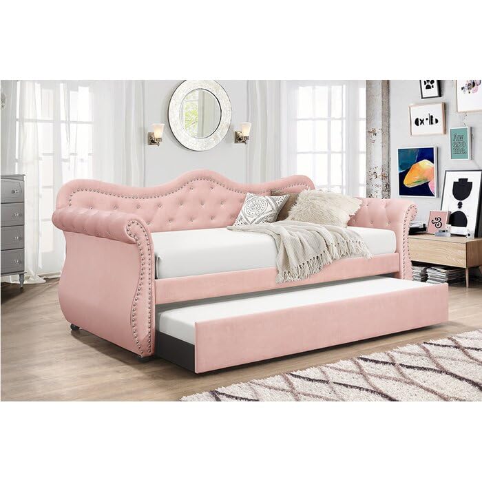 Versatile Daybed with Pull-Out Trundle, Textured Fabric Upholstery