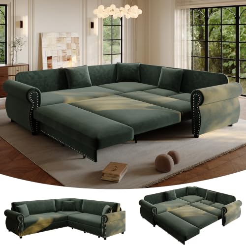 118" Oversized Sleeper Sofa with Pull Out Bed, Chenille L Shaped Convertible Sectional Sleeper Couch with Nailhead Trim & Rolled Arm, 6-Seater Couches for Living Room, Blue
