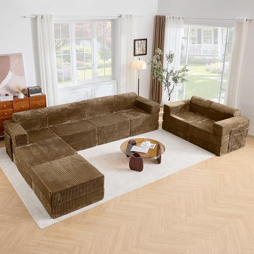 Tbfit Modular L Shaped Sectional Boneless Couch, Convertible Futon Sofa Bed, Corduroy Cloud Mattress Sleeper Sofa, Comfy Folding Upholstered Floor Couches for Living Room, Bedroom, Beige