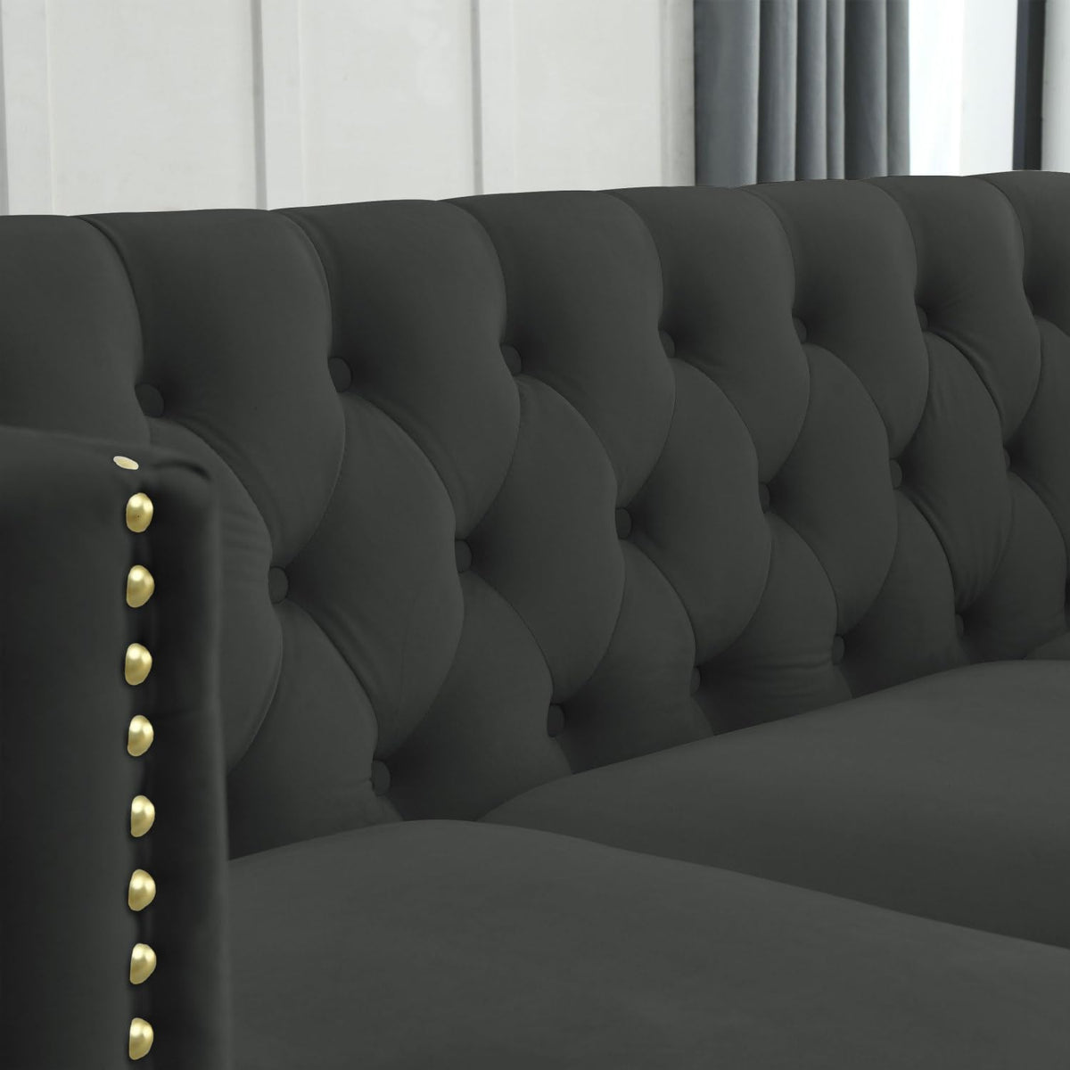 Velvet Sofa for Living Room Black Classic Chesterfield Room, Bedroom, Office Elegant Finish