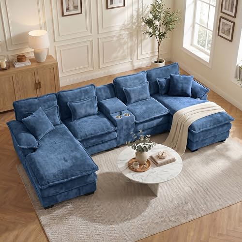 133" U Shaped Sectional Sofa with Double Chaise and Console, Grey