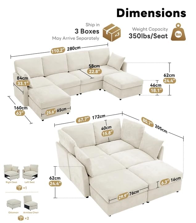 Tbfit U Shaped Couch, Sectional Sofa for Living Room,Chenille Cloud Couch with Ottoman 6 Seat, Beige
