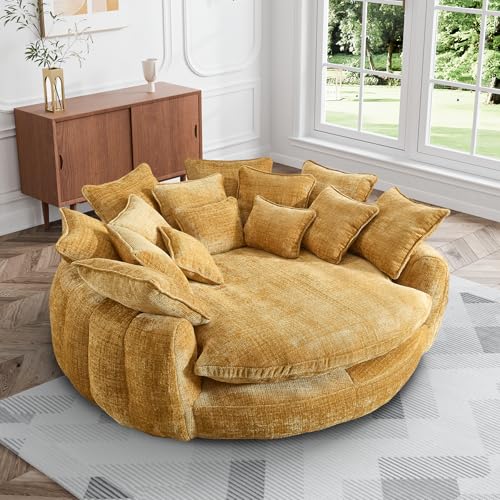 Wrofly 81.1" W Oversized Round Chaise Lounge, Fluffy Lazy Bean Bag Sofa with 14 Pillows, Comfy Chenille Upholstered Barrel Sleeper Bed, Modern Deep Seat Cloud Couch for Living Room, Emerald