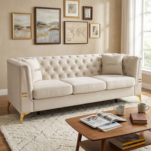 WILLIAMSPACE 88.2" Chesterfield Sofa Couch for Living Room, 3 Seater Couches Upholstered Tufted PU Sectional Sofa for Office Apartment - Brown