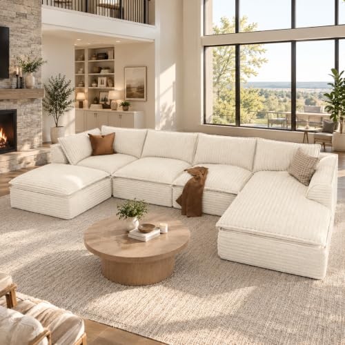 Vesgantti 141.7" Boneless Sectional Sofa with Chaise, 7 Seater Couch, Beige