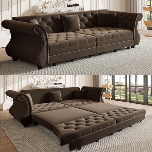 Velvet Pull-Out Sofa Bed, 3-in-1 Convertible Sleeper Sofa with Pillows, Button Tufted Chesterfield King Size Couch for Small Spaces & Apartments (Beige, 97.6")