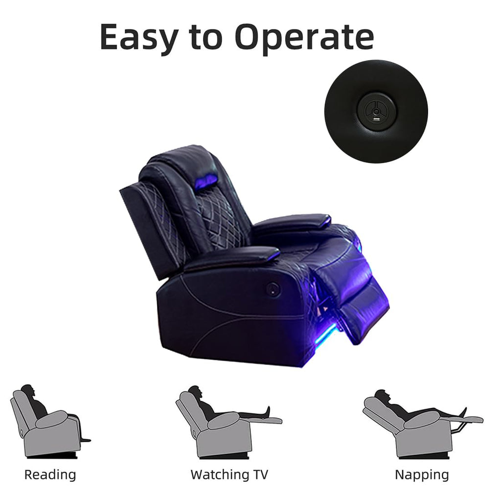 Power Recliner Sofa Set with LED Light, Black Leather Sectional Sofa and Chair Set, Living Room Furniture Sets, Modern Power Reclining Sets with Storage Console for House