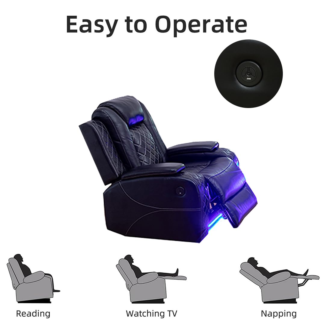 Power Recliner Sofa Set with LED Light, Black Leather Sectional Sofa and Chair Set, Living Room Furniture Sets, Modern Power Reclining Sets with Storage Console for House