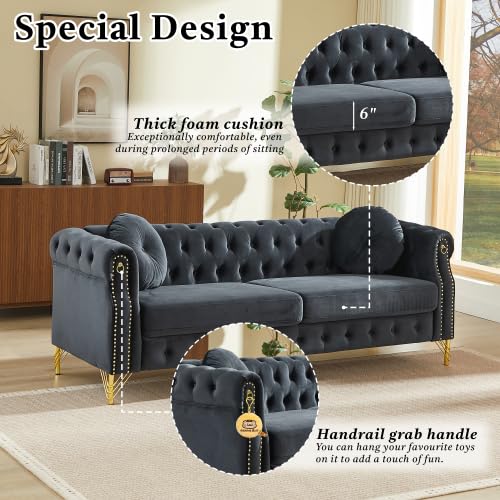 Velvet Chesterfield Modular Sectional Sofa, 6-Seat Tufted Couch with Copper Studs & Metal Legs, Black Furniture for Lobby, Living Room, or Reception Area (1+2+3 Seating)