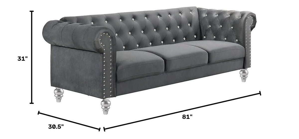Velvet Fabric Sofa with Rolled Arms in Gray, Elegant Living Room Seating