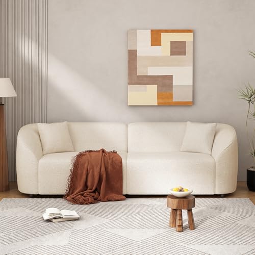 110" Sectional Sofa Round Curved Couch, Modern 4 Seat Sofa with Wood Grain Chenille Fabric, Comfy Deep Seat Sponge Couch with 4 Pillows for Living Room, White