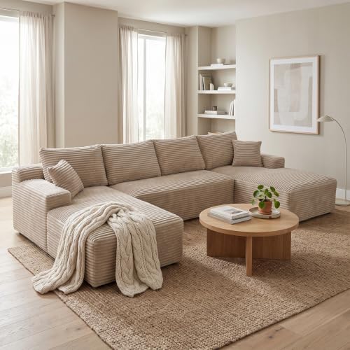 132.1" Compressible U-Shaped Sectional Sofa Set, Minimalist Modular Cloud Couch with Corduroy Fabric, Zero-Leg Full Base Design, Includes 2 Throw Pillows, Perfect for Living Room, Apartment, Condo