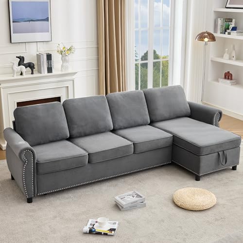 106'' Flannelette Fabric L Shaped 4 Seater Modular Sleeper Couch, 2-in-1 Pull Out Sofa Bed with USB Charging Ports, Memory Foam Mattress, and Storage Chaise for Living Room (Beige, 106'' L Shaped)