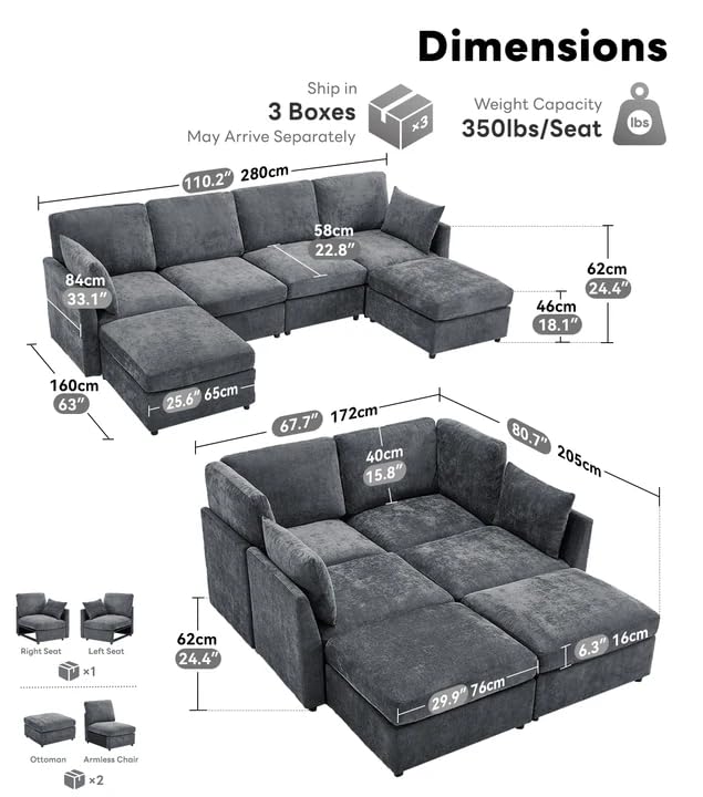 Tbfit U Shaped Couch, Sectional Sofa for Living Room,Chenille Cloud Couch with Ottoman 6 Seat, Grey