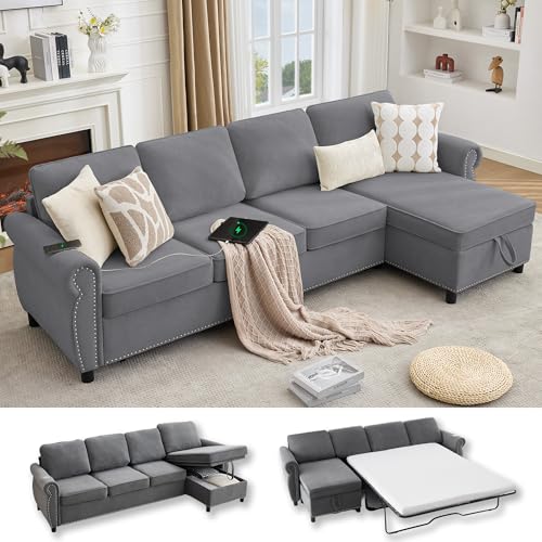 106.5'' Sectional Sleeper Sofa Bed, Flannel Pull Out Couch Mattress, Green