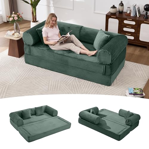 Tbfit Modular L Shaped Sectional Boneless Couch, Convertible Futon Sofa Bed, Corduroy Cloud Mattress Sleeper Sofa, Comfy Folding Upholstered Floor Couches for Living Room, Bedroom, Beige